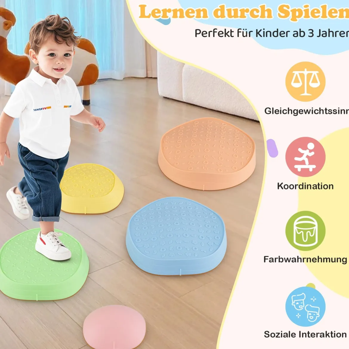 Balanciersteine für Kinder Rutschfeste Stapelsteine bis 80 kg Belastbar Flusssteine Macaron Pentagon