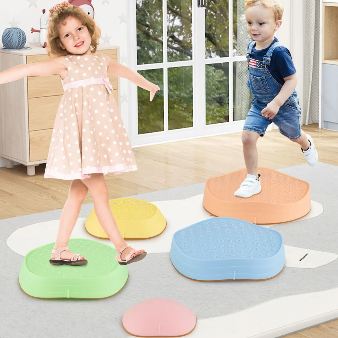 Balanciersteine für Kinder Rutschfeste Stapelsteine bis 80 kg Belastbar Flusssteine Macaron Pentagon