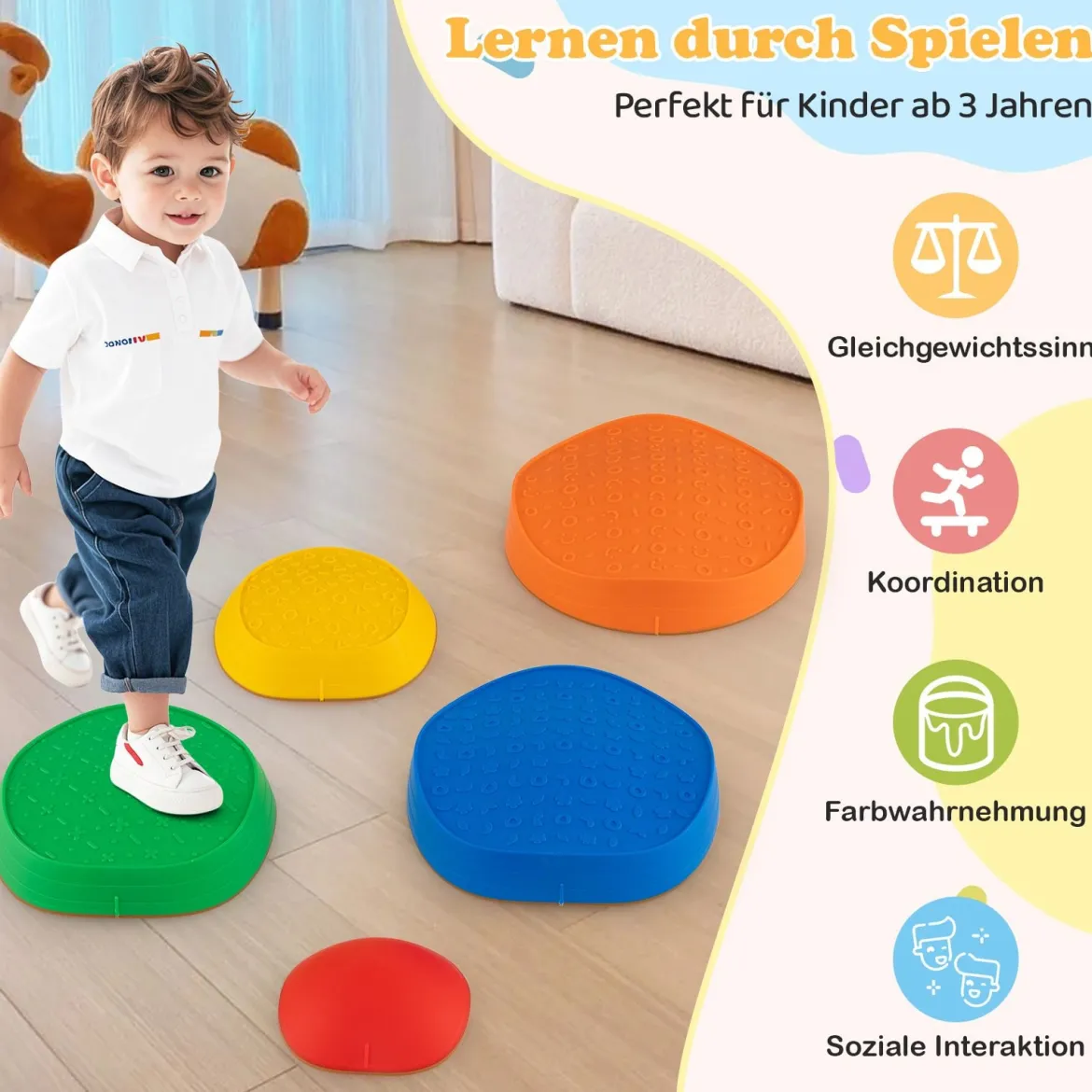 Balanciersteine für Kinder Rutschfeste Stapelsteine bis 80 kg Belastbar Flusssteine Bunt Pentagon