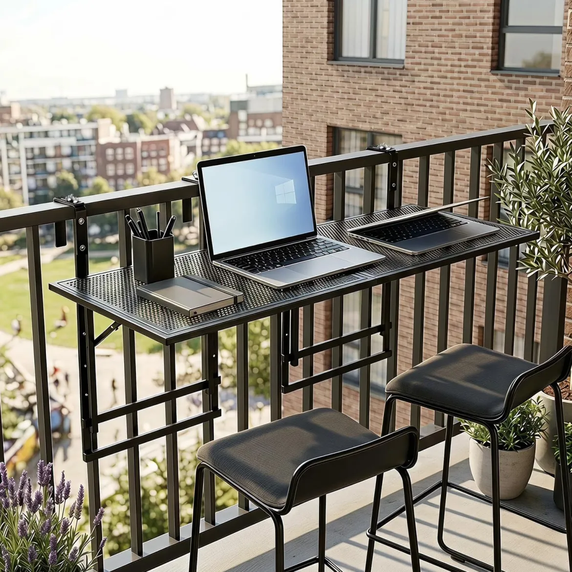 Balkonhängetisch 2er Set Höhenverstellbarer Hängetisch Klappbar 121 x 46,5–51 x 60–80 cm Schwarz