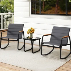 Balkonmöbel Set Gartenmöbel Set 2 Schaukelstühlen mit Tisch und Kissen Armlehnen aus WPC Grau