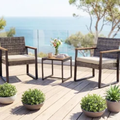 Balkonmöbel Set mit 2 Stühle & Beistelltisch & Weicher Kissen Sitzgruppe Lounge Set Beige