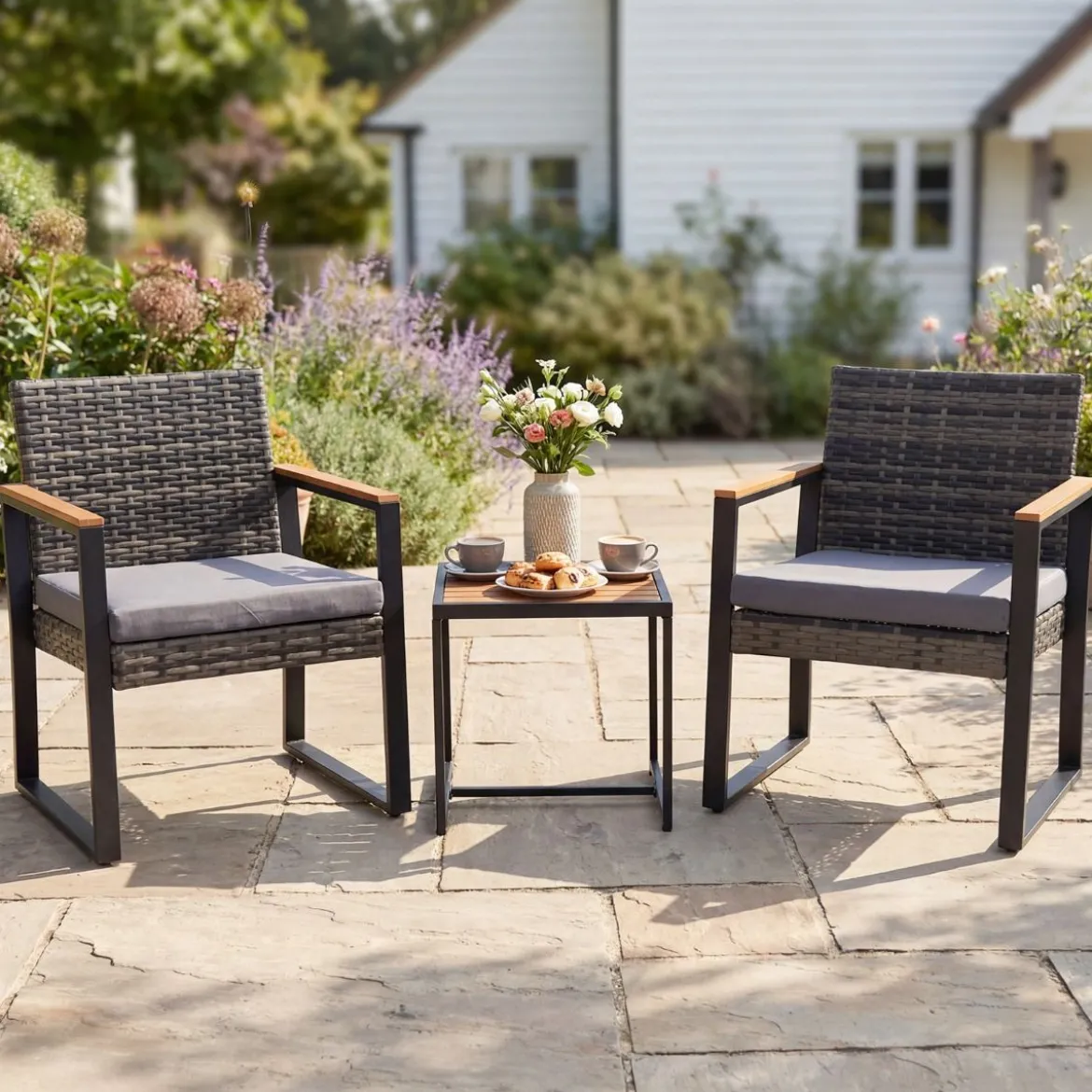 Balkonmöbel Set mit 2 Stühle & Beistelltisch & Weicher Kissen Sitzgruppe Lounge Set Grau