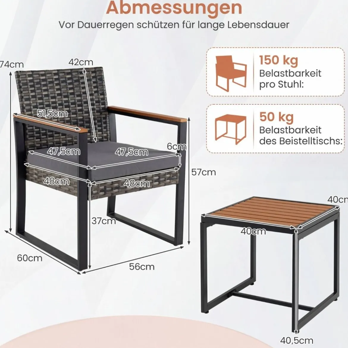 Balkonmöbel Set mit 2 Stühle & Beistelltisch & Weicher Kissen Sitzgruppe Lounge Set Grau