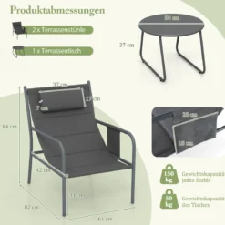 Balkonmöbel Set 3-tlg. Gartenmöbel Set mit 2 Stühlen & Tisch Balkonset mit atmungsaktivem Sitzstoff Grau