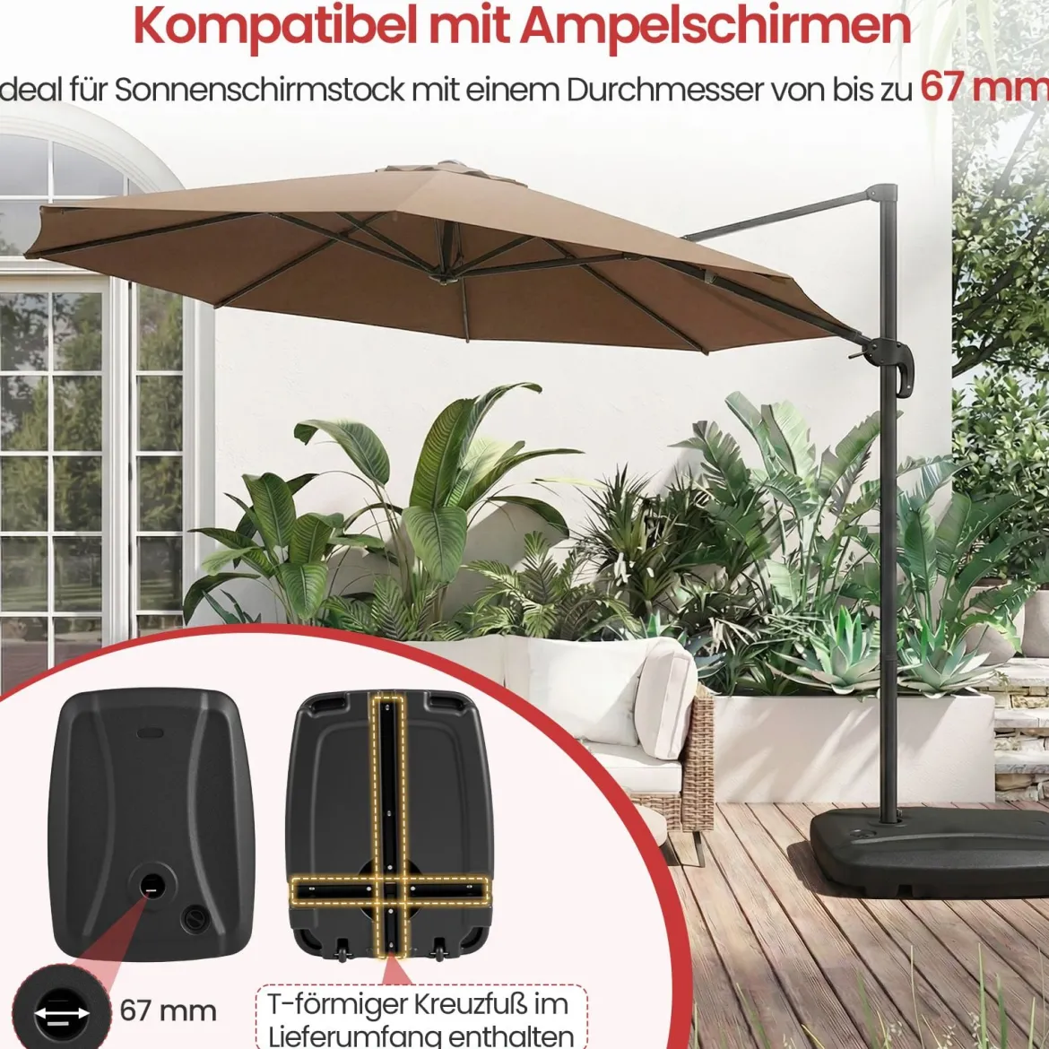 Balkonschirmständer mit Rädern Kreuzfuß HDPE befüllbar mit Wasser Sand für Terrasse Garten