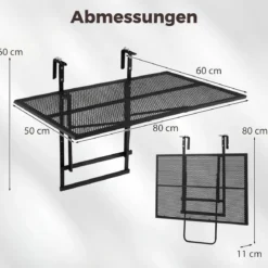 Balkontisch Klappbar mit Verstellbarer Bügelbreite 5-Fach Höhenverstellbarer Balkonhängetisch 80 x 60 x 60 cm