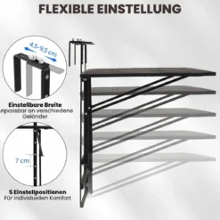 Balkontisch Klappbar mit Verstellbarer Bügelbreite 5-Fach Höhenverstellbarer Balkonhängetisch 80 x 60 x 60 cm