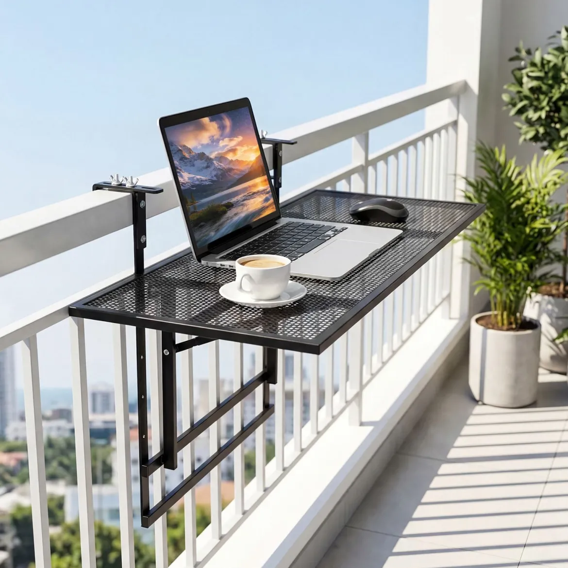Balkontisch Klappbar mit Verstellbarer Bügelbreite 5-Fach Höhenverstellbarer Balkonhängetisch 80 x 60 x 60 cm