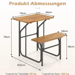 Balkontisch mit Bank Balkonset mit Akazienholzplatte & Metallbeinen Sitzgruppe für 1 Personen