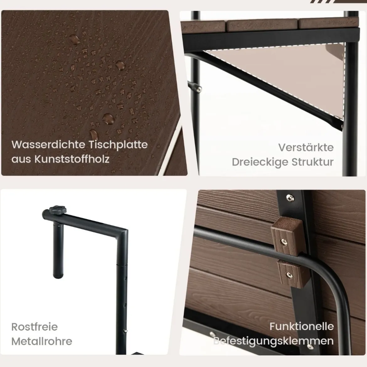 Balkontisch zum Einhängen mit 3-stufig Verstellbarer Höhe Klappbarer Geländertisch Kaffee