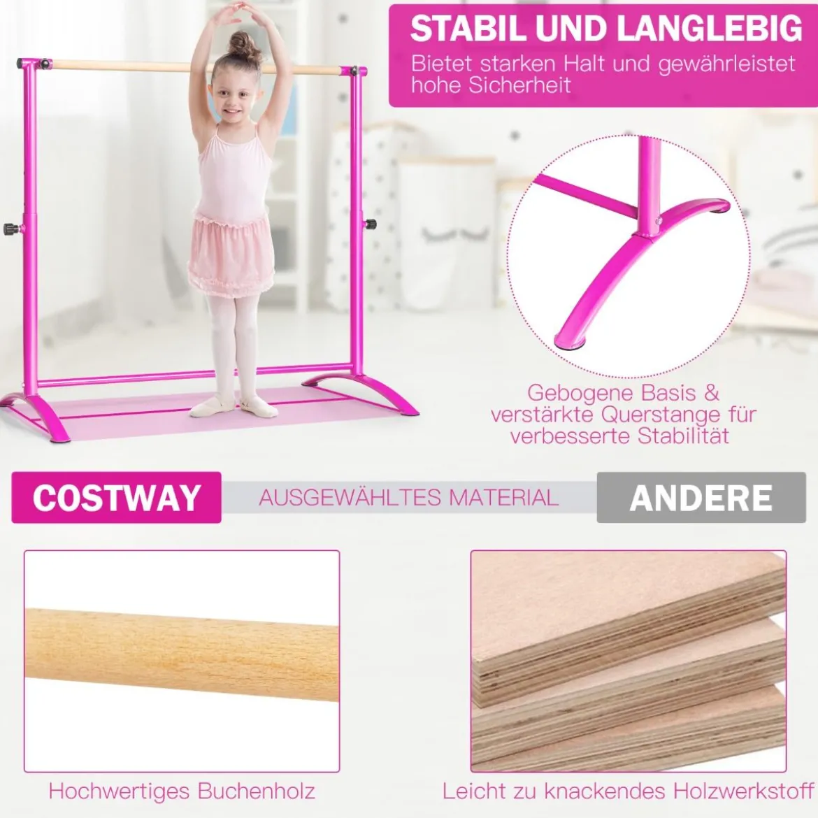 Ballettstange freistehend Ballet Bar 4 fach höhenverstellbar 121 x 64 x 100-130 cm Rosa