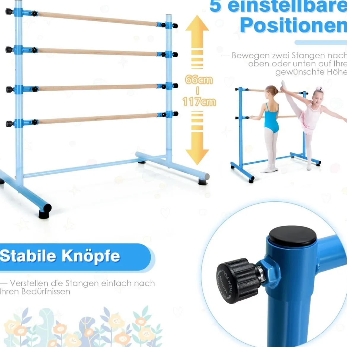 Ballettstange freistehend 5 stufig höhenverstellbar Ballett Barre mit 2 massiven Holzstangen 120 cm Blau
