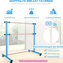 Ballettstange freistehend 5 stufig höhenverstellbar Ballett Barre mit 2 massiven Holzstangen 120 cm Blau