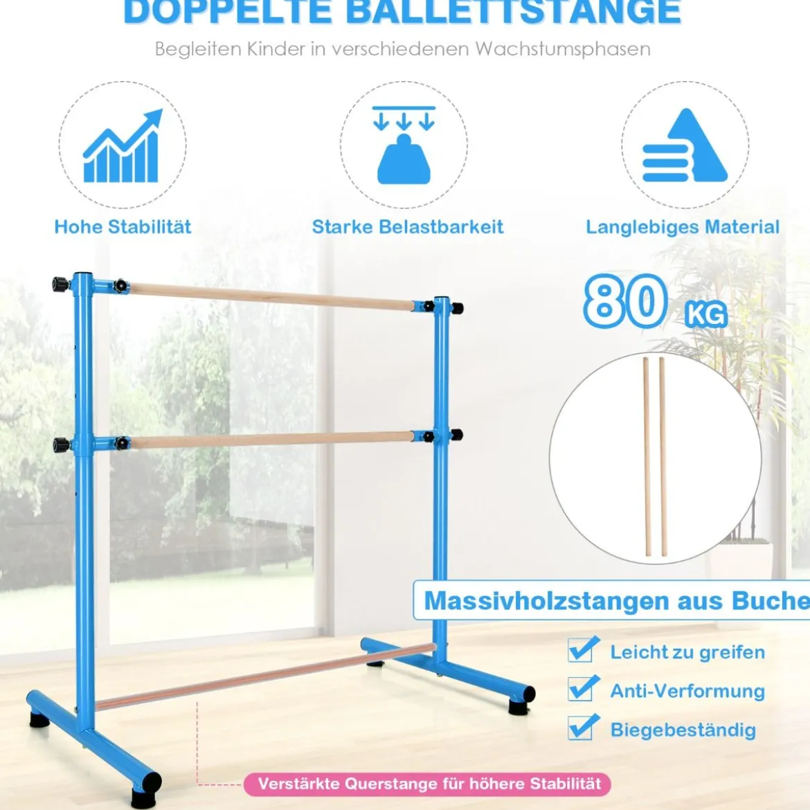 Ballettstange freistehend 5 stufig höhenverstellbar Ballett Barre mit 2 massiven Holzstangen 120 cm Blau