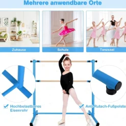 Ballettstange freistehend 5 stufig höhenverstellbar Ballett Barre mit 2 massiven Holzstangen 120 cm Blau