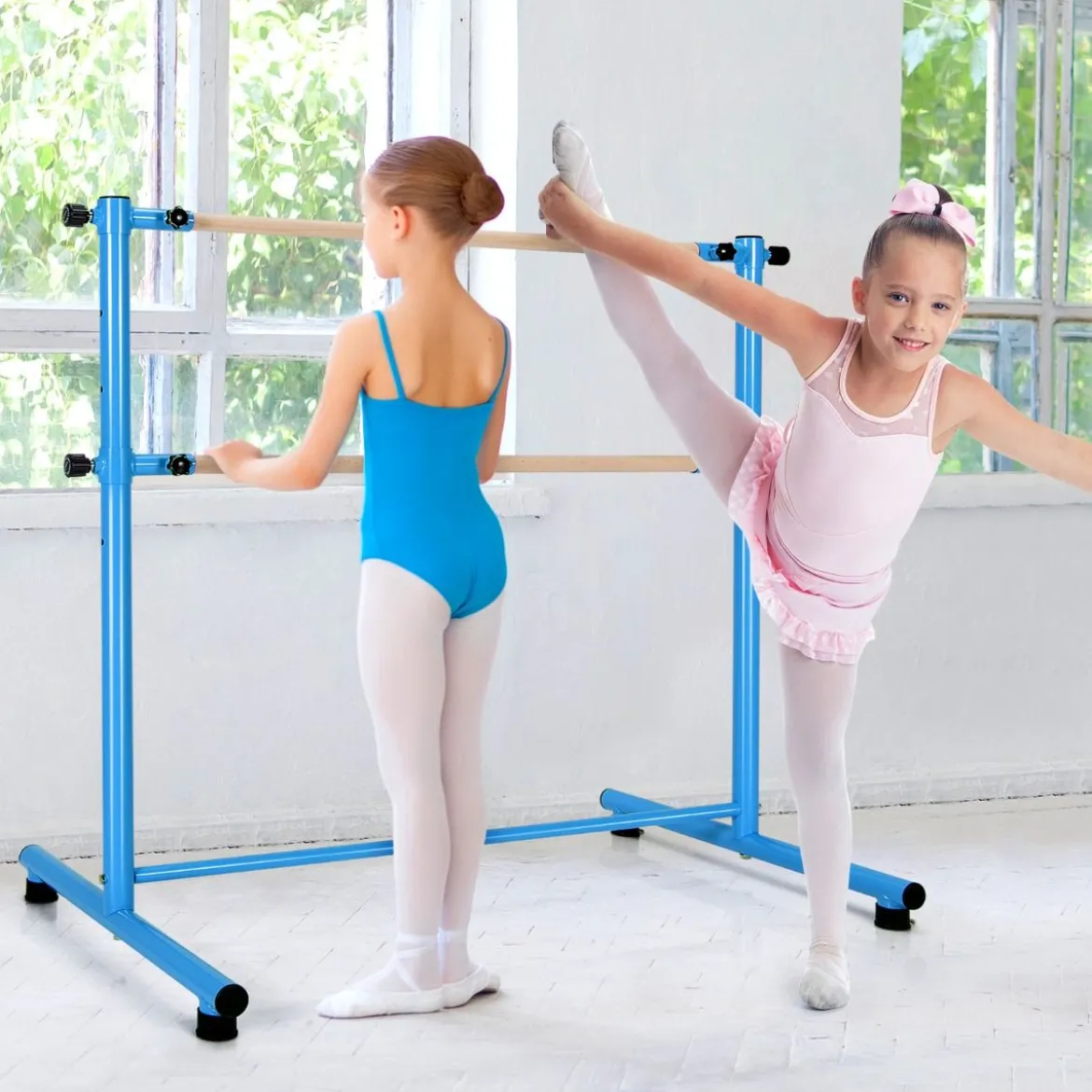Ballettstange freistehend 5 stufig höhenverstellbar Ballett Barre mit 2 massiven Holzstangen 120 cm Blau