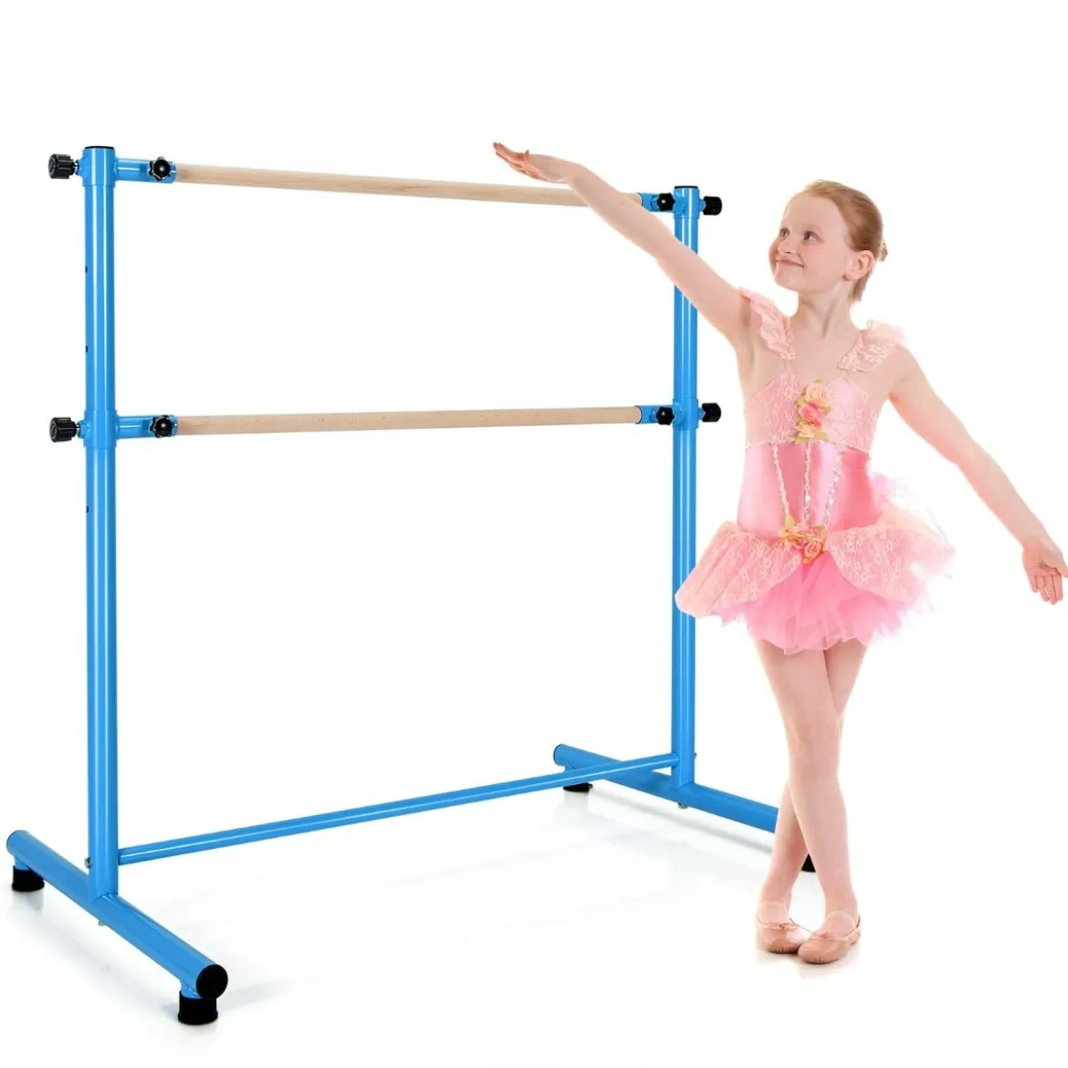 Ballettstange freistehend 5 stufig höhenverstellbar Ballett Barre mit 2 massiven Holzstangen 120 cm Blau