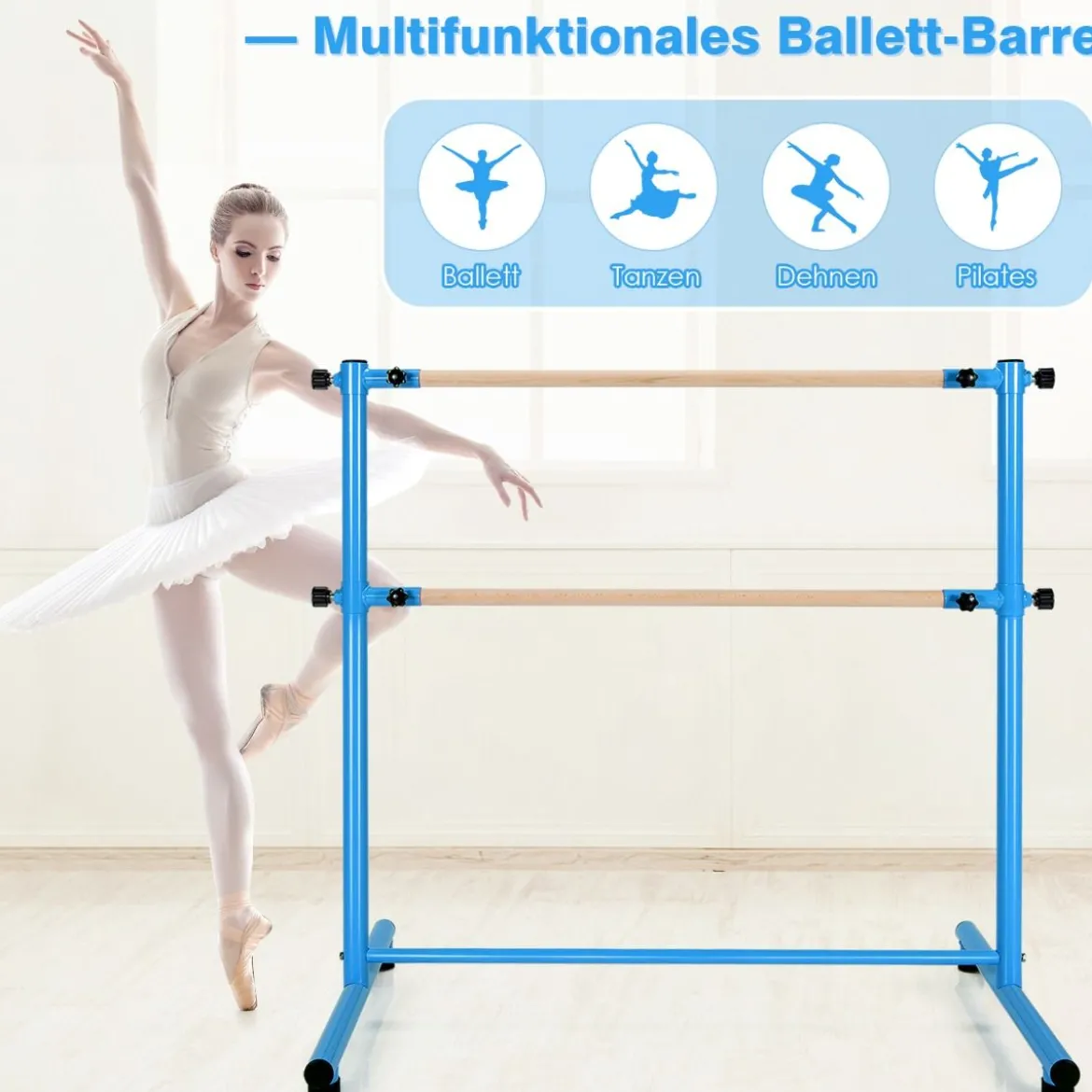 Ballettstange freistehend 5 stufig höhenverstellbar Ballett Barre mit 2 massiven Holzstangen 120 cm Blau