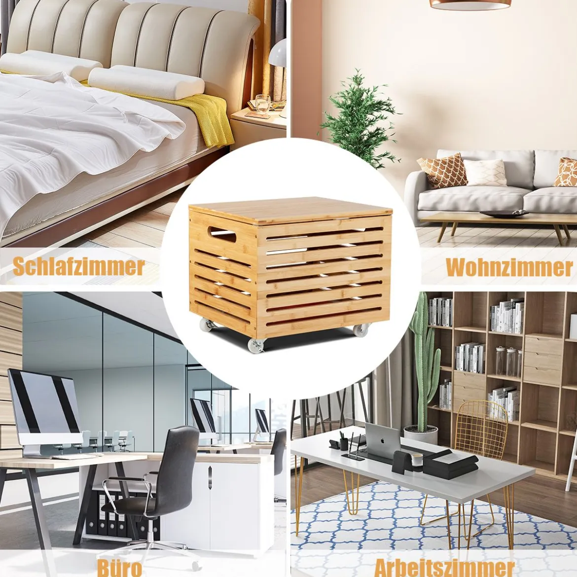 Bambus Aktenaufbewahrungsbox Aufbewahrungsbox mit 4 Rollen und Deckel Ordnungsboxen Natur