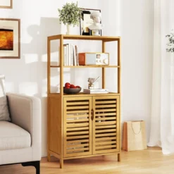 Bambus Bücherregal mit Türen 4 Stöckiges Regal mit Lamellentürenschrank 60 x 33 x 116 cm