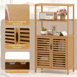 Bambus Bücherregal mit Türen 4 Stöckiges Regal mit Lamellentürenschrank 60 x 33 x 116 cm