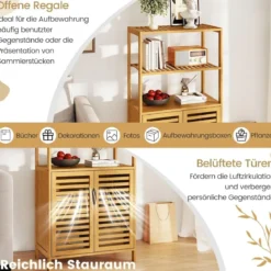 Bambus Bücherregal mit Türen 4 Stöckiges Regal mit Lamellentürenschrank 60 x 33 x 116 cm