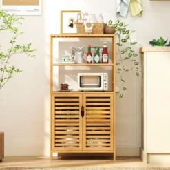 Bambus Bücherregal mit Türen 4 Stöckiges Regal mit Lamellentürenschrank 60 x 33 x 116 cm
