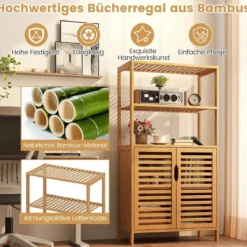 Bambus Bücherregal mit Türen 4 Stöckiges Regal mit Lamellentürenschrank 60 x 33 x 116 cm