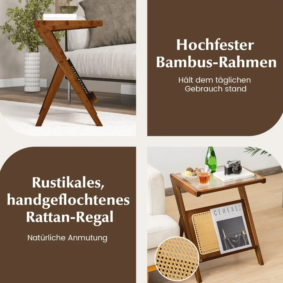 Bambus Beistelltisch mit Rattan Magazinhalter & Glasplatte Z-förmiger Couchtisch Walnuss