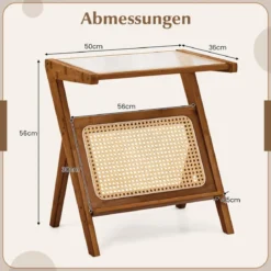 Bambus Beistelltisch mit Rattan Magazinhalter & Glasplatte Z-förmiger Couchtisch Walnuss