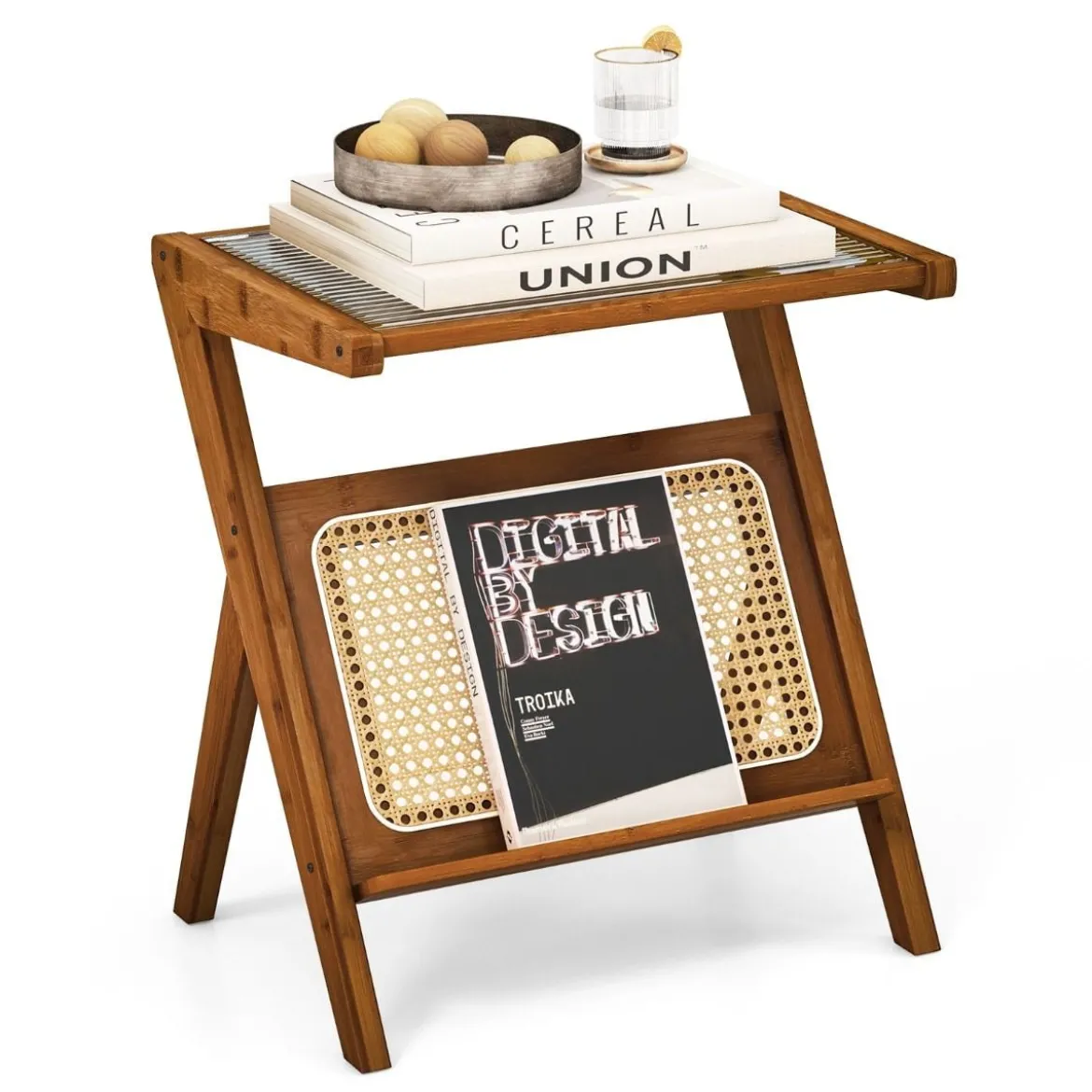 Bambus Beistelltisch mit Rattan Magazinhalter & Glasplatte Z-förmiger Couchtisch Walnuss