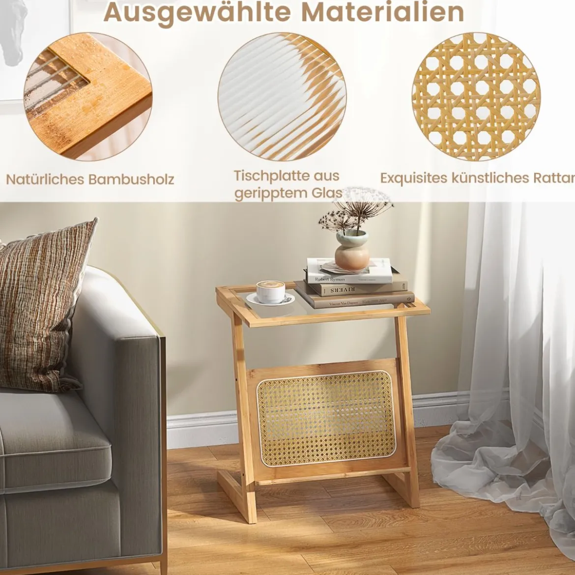 Bambus Beistelltisch mit Rattan Zeitschriftenhalter & Glasplatte Z-förmiger Couchtisch Sofatisch