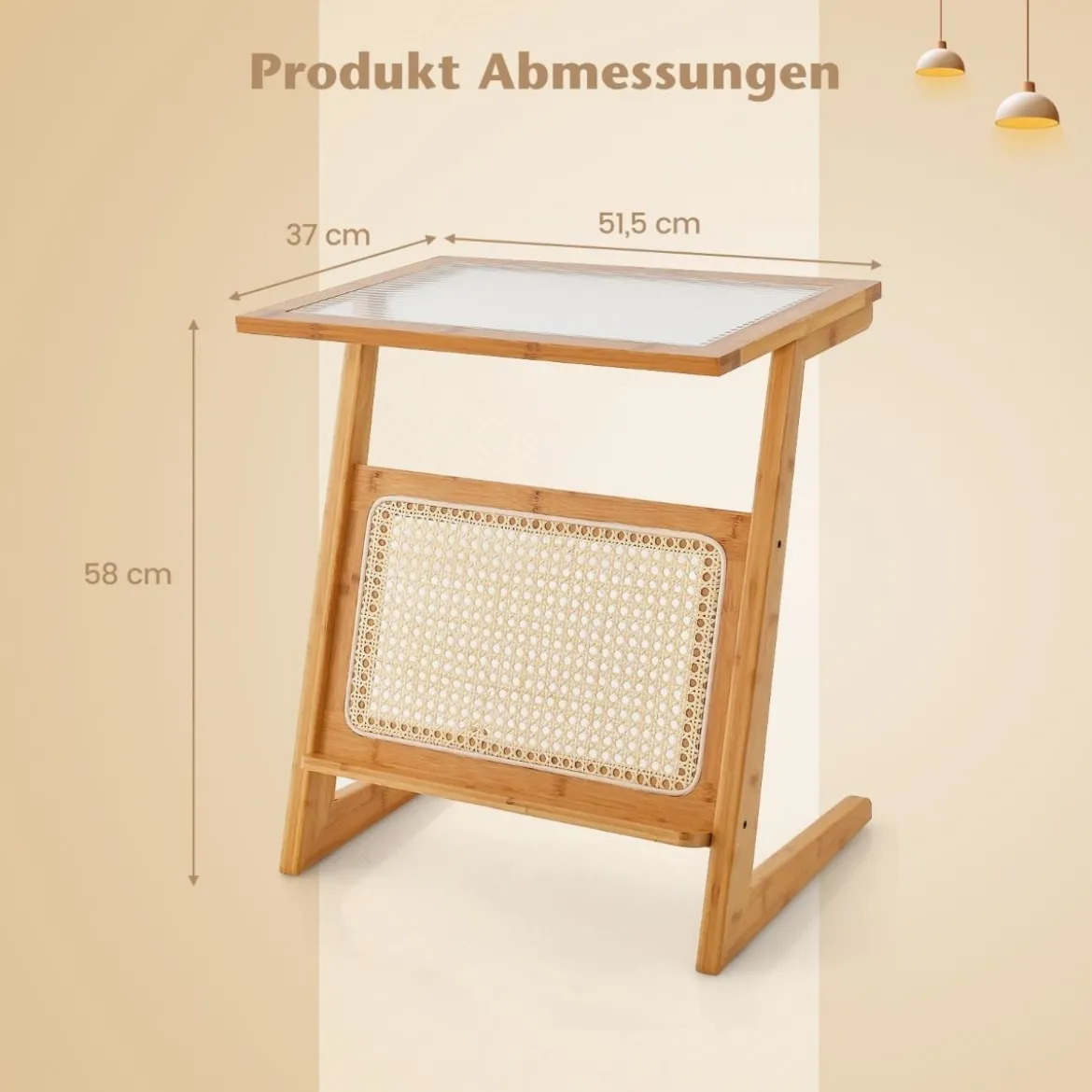 Bambus Beistelltisch mit Rattan Zeitschriftenhalter & Glasplatte Z-förmiger Couchtisch Sofatisch