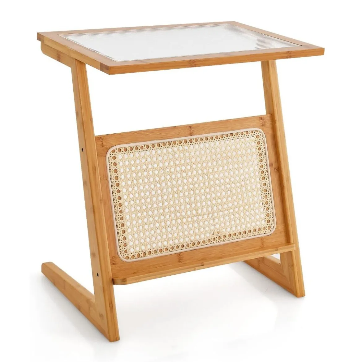 Bambus Beistelltisch mit Rattan Zeitschriftenhalter & Glasplatte Z-förmiger Couchtisch Sofatisch