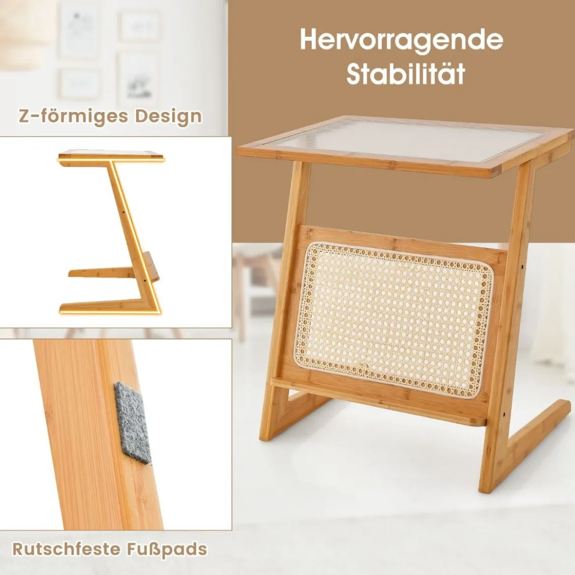 Bambus Beistelltisch mit Rattan Zeitschriftenhalter & Glasplatte Z-förmiger Couchtisch Sofatisch