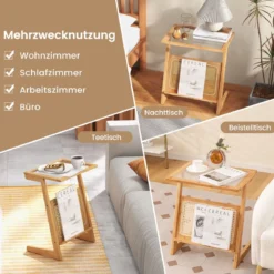 Bambus Beistelltisch mit Rattan Zeitschriftenhalter & Glasplatte Z-förmiger Couchtisch Sofatisch