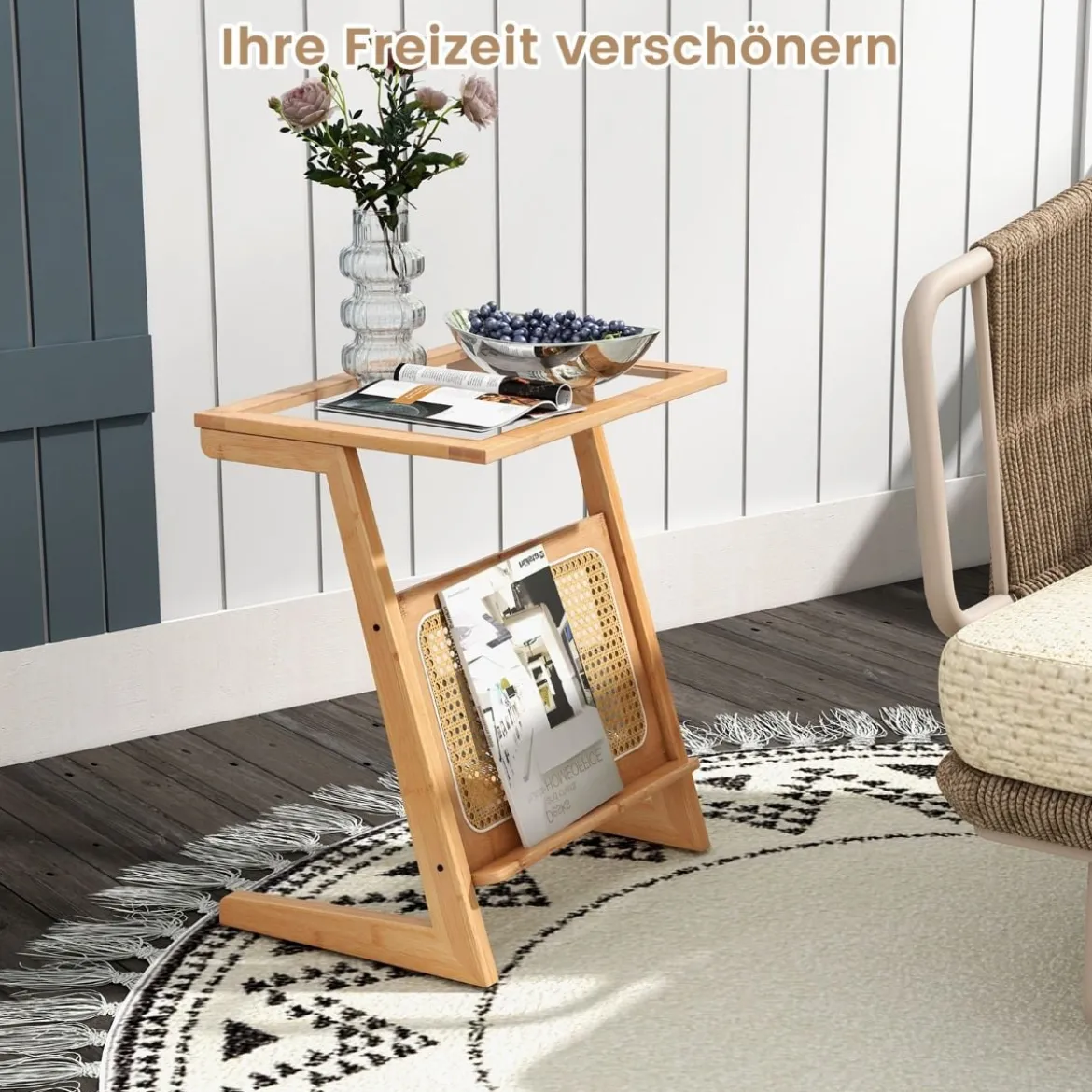 Bambus Beistelltisch mit Rattan Zeitschriftenhalter & Glasplatte Z-förmiger Couchtisch Sofatisch