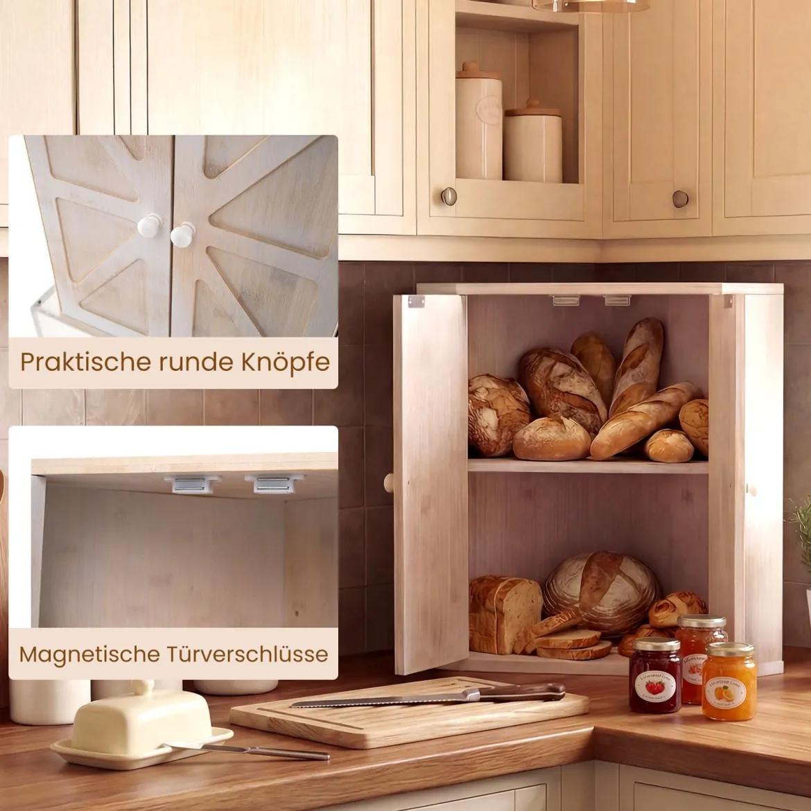 Bambus Brotkasten mit Verstellbarem Regal & 2 Türen 2 Etagen Eck Brotbox Brotbehälter Bread Box