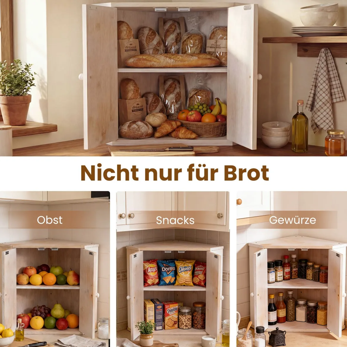 Bambus Brotkasten mit Verstellbarem Regal & 2 Türen 2 Etagen Eck Brotbox Brotbehälter Bread Box