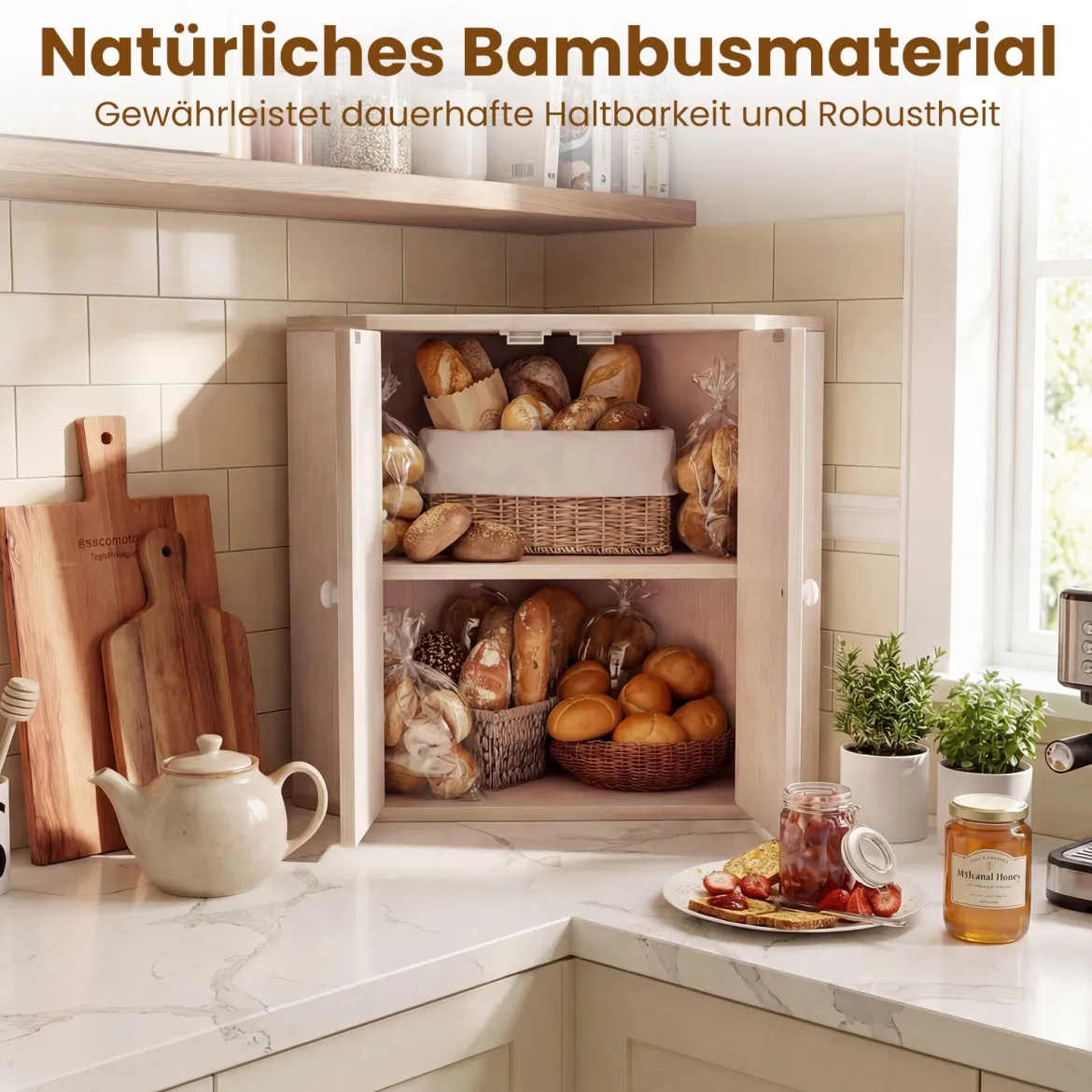 Bambus Brotkasten mit Verstellbarem Regal & 2 Türen 2 Etagen Eck Brotbox Brotbehälter Bread Box