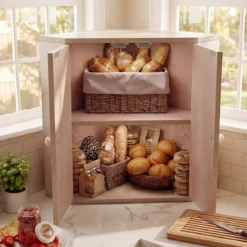 Bambus Brotkasten mit Verstellbarem Regal & 2 Türen 2 Etagen Eck Brotbox Brotbehälter Bread Box