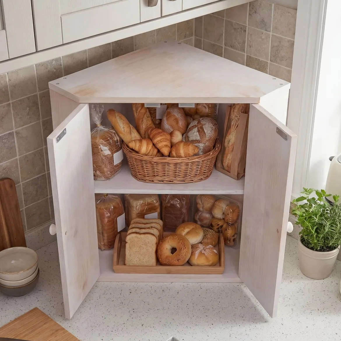 Bambus Brotkasten mit Verstellbarem Regal & 2 Türen 2 Etagen Eck Brotbox Brotbehälter Bread Box