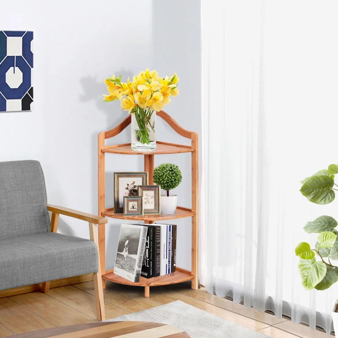 Bambus Eckregal 3 Ebenen Badregal Bücherregal Standregal für Küche Schlafzimmer Wohnzimmer