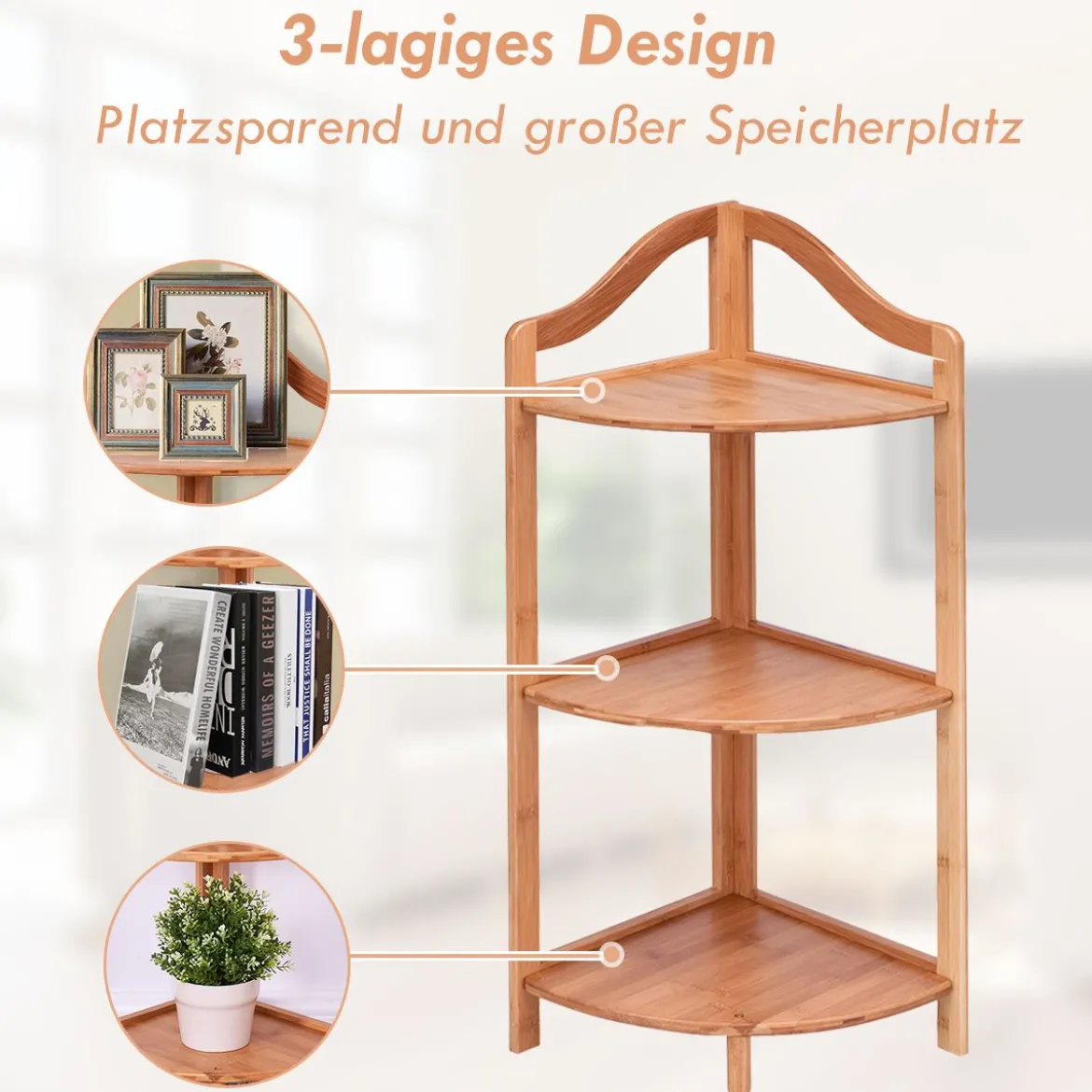 Bambus Eckregal 3 Ebenen Badregal Bücherregal Standregal für Küche Schlafzimmer Wohnzimmer