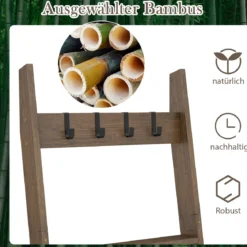 Bambus Handtuchleiter mit 4 Haken & 5 Sprossen & Anti-Kipp-Gurten Leiterregal Handtuchhalter