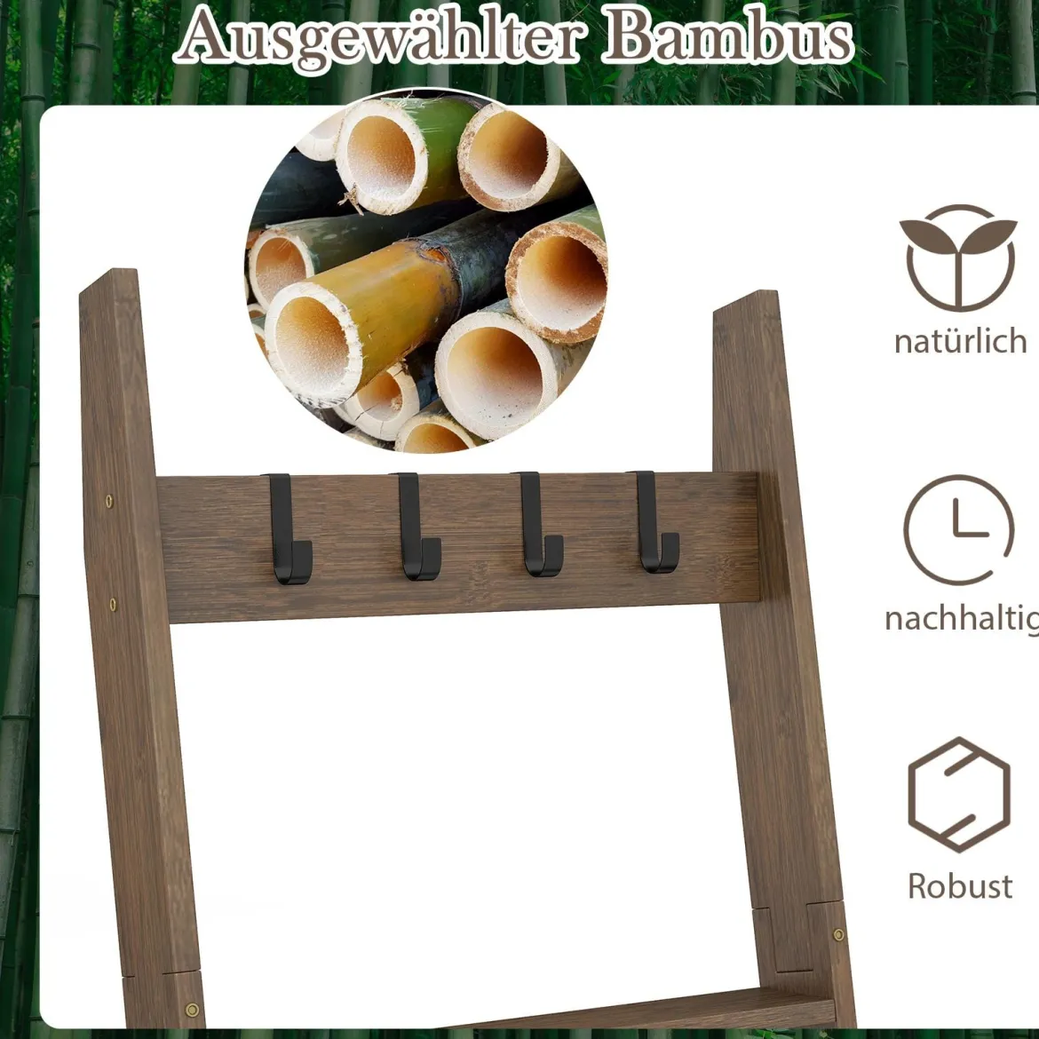 Bambus Handtuchleiter mit 4 Haken & 5 Sprossen & Anti-Kipp-Gurten Leiterregal Handtuchhalter