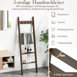 Bambus Handtuchleiter mit 4 Haken & 5 Sprossen & Anti-Kipp-Gurten Leiterregal Handtuchhalter