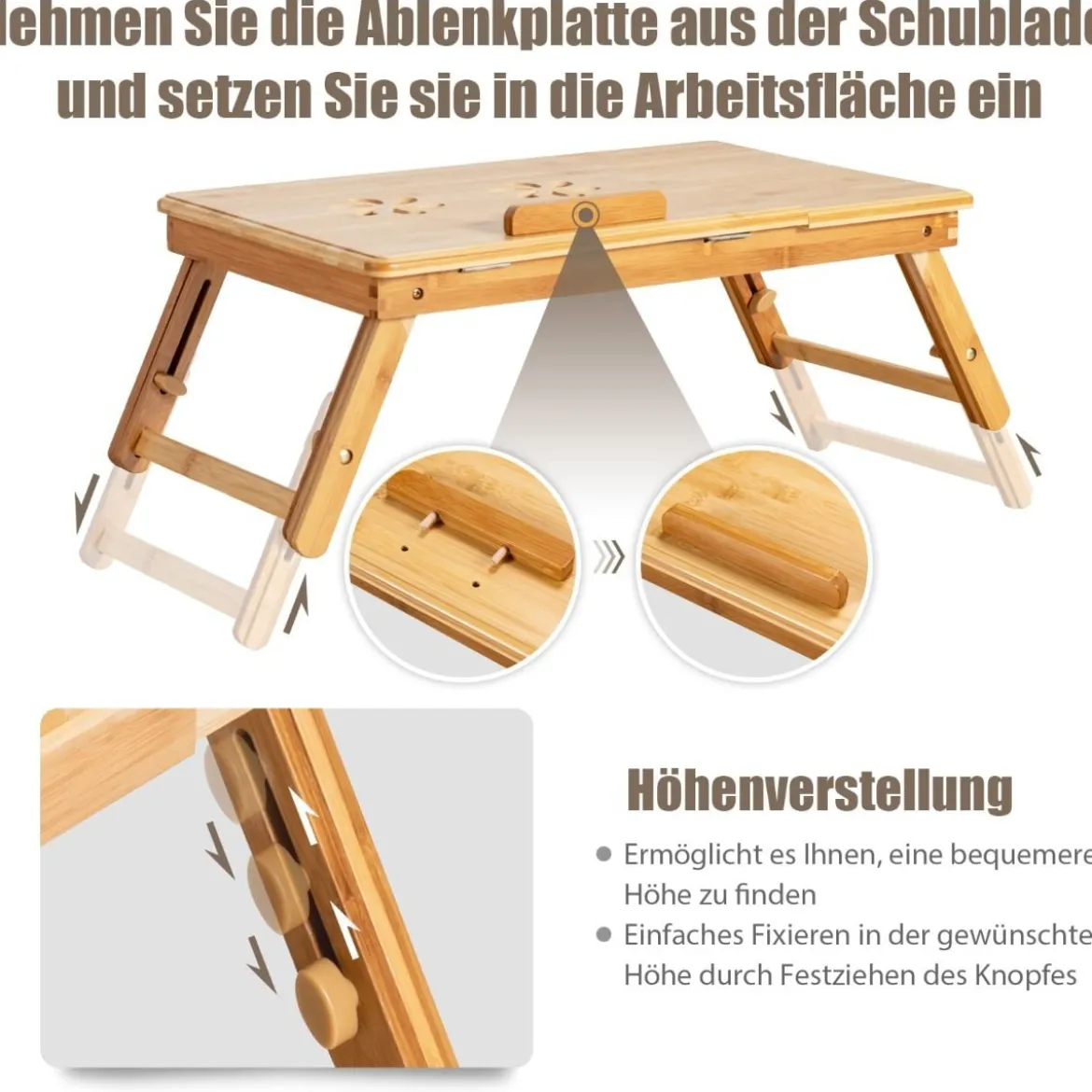 Bambus Klappbarer Laptoptisch Höhenverstellbarer & Neigbarer & Belüfteter Notebooktisch