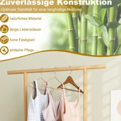 Bambus-Kleiderständer Garderobenständer mit Rattan-Aufbewahrungskorb & Rollen Natur